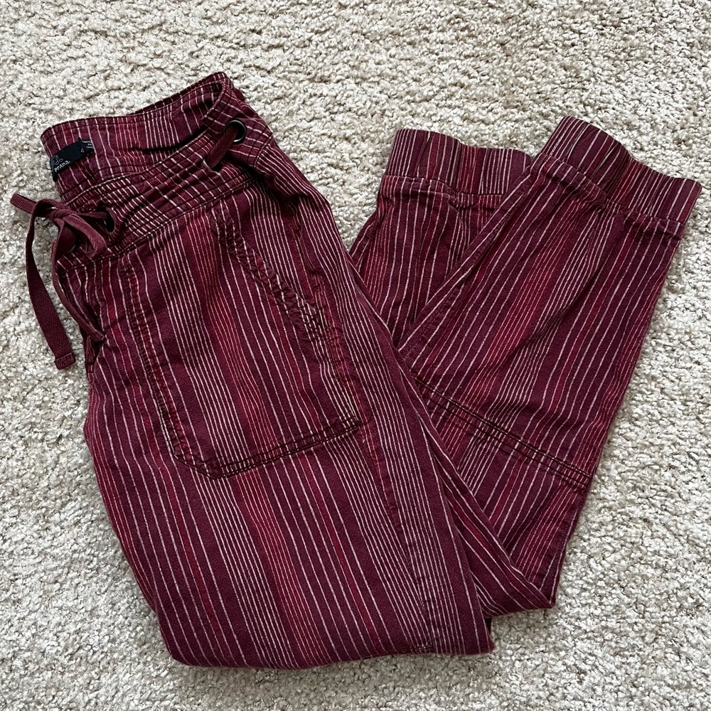 prAna linen pants burgundy stripe